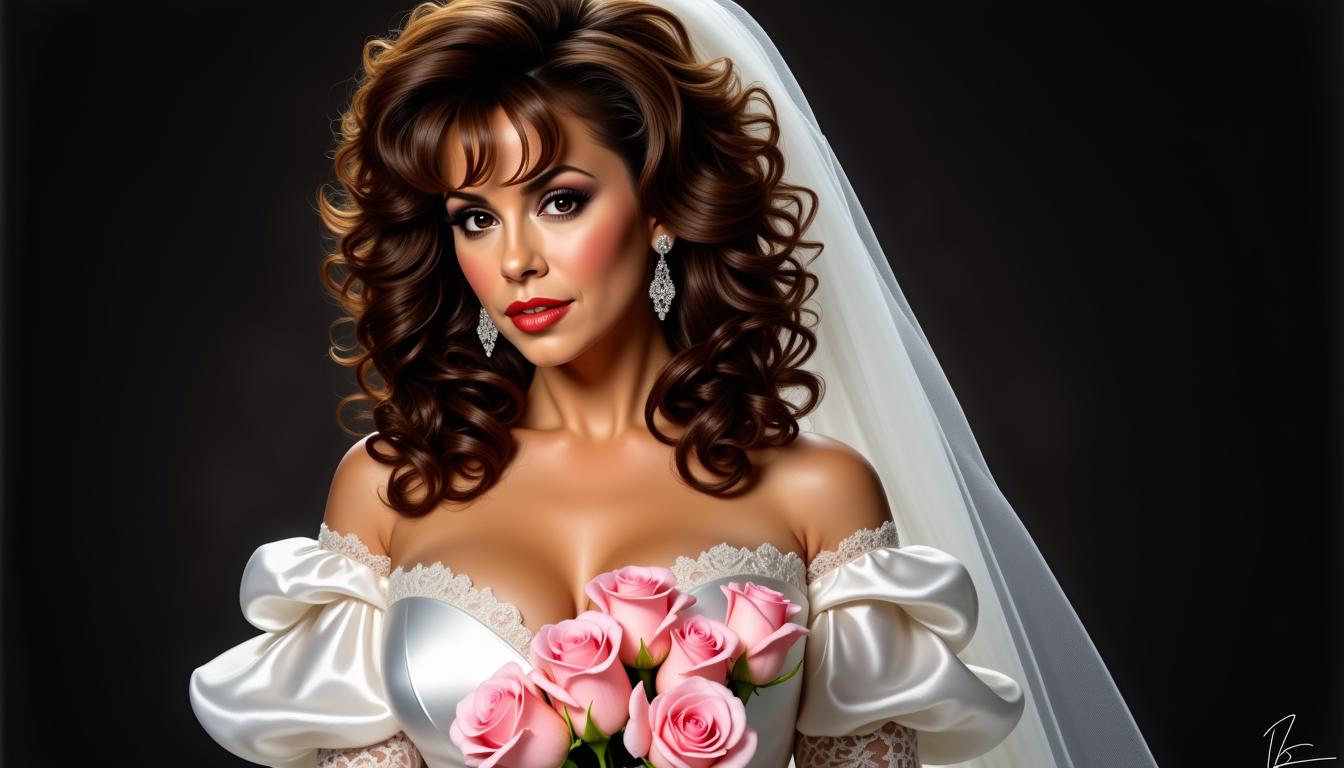 AM-LoRa-Zip6, Alyssa Milano the beautiful bride, curly brown layered hair with 80's style bangs, white wedding dress with puff sleeves and 80's style lace at the neckline, white gloves, a bouquet of pink roses, dark photo studio background with indirect lighting, an artgerm painting
