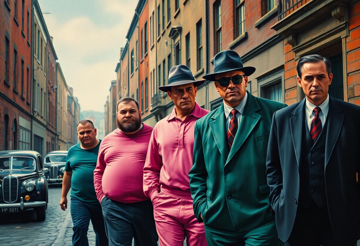 a vintage painting - oil and poster. figures in the foreground. their faces are clear and photographic - exaggerated, full of character - from cynical smiles to severe glances. Strong light. four gangsters: a fat one in a t-shirt, a thin one in a pink tracksuit, an elegant muscleman in a green suit and bowler hat and a tall elegant in a suit - walking down a cobbled street of the 30s with tenement houses and cars. Vivid colors, with a dominance of green, red and pink. 8k details