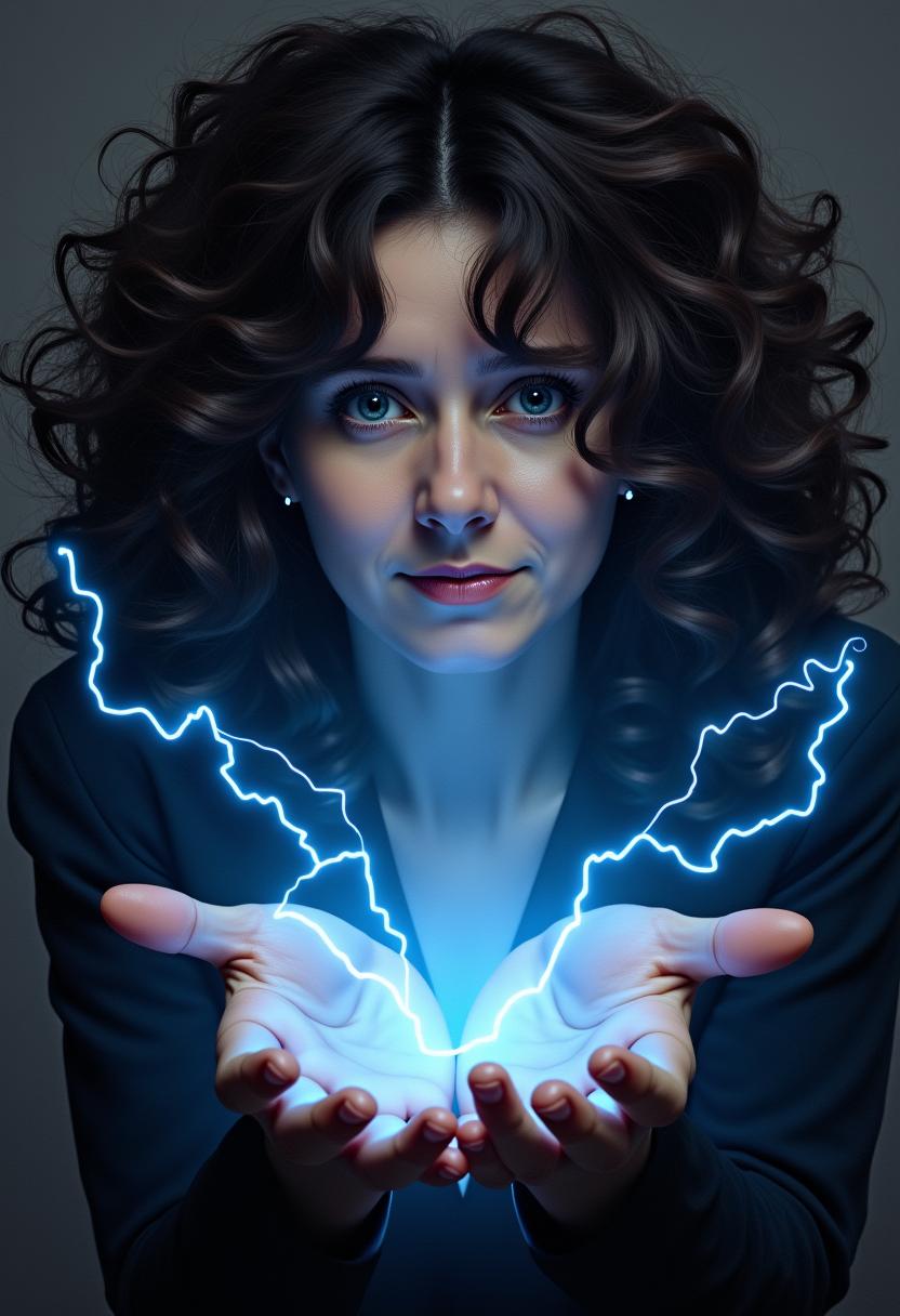 MOpure12I, Curly black-haired woman, neutral expression, bright blue eyes, small arcs of blue lightning dancing between her fingers, electrifying aura, stormy atmosphere, charcoal sketch, highly detailed, digital painting, electric glow effect, dramatic lighting