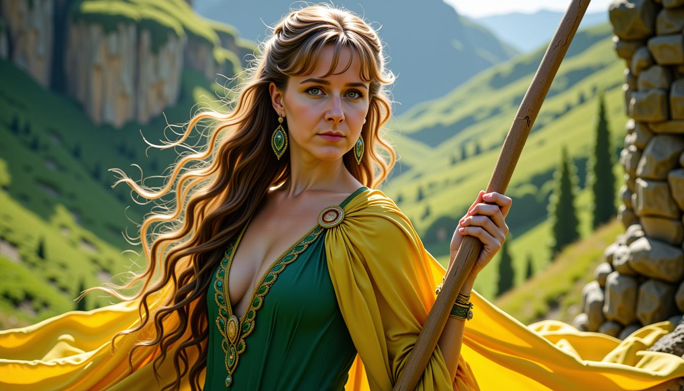 MO-LoRa-Multi, Wheel of time, beautiful character Nynaeve al'Meara, hairstyle one long brown thick plait, white skin, Age 25, green dress, yellow cape, long wooden stick in here hand, fantasy art like marvel, close up portrait photo by Annie Leibovitz, film, studio lighting, detailed skin, ultra realistic, bokeh, sharp features, amazing landscape as background, isometric, mural, graffiti, composition, masterpiece, trending on artstation, adobe stock, freepik, 8K, unreal, blender, masterpiece,
