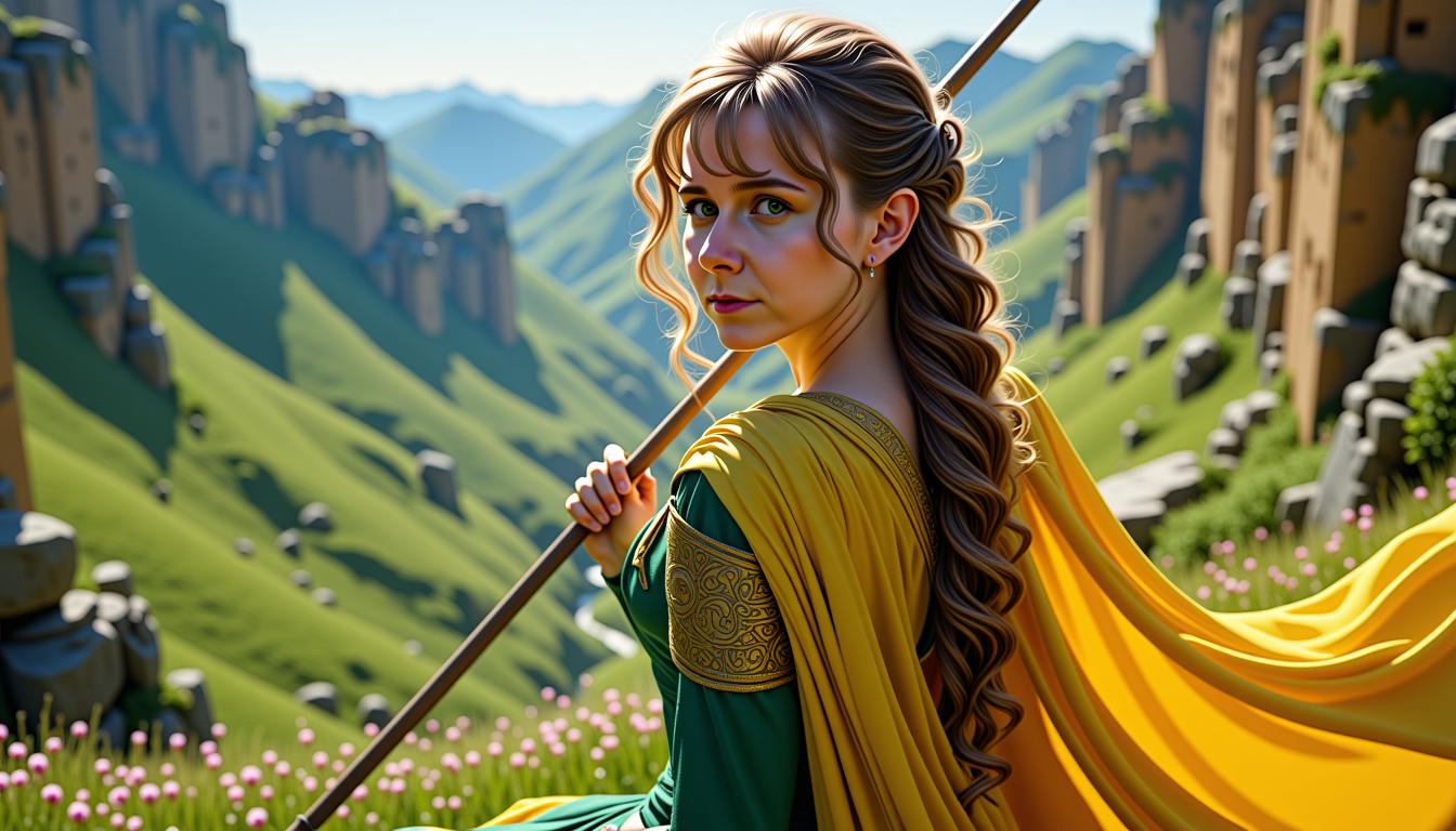 MO-LoRa-Multi, Wheel of time, beautiful character Nynaeve al'Meara, hairstyle one long brown thick plait, white skin, Age 25, green dress, yellow cape, long wooden stick in here hand, fantasy art like marvel, close up portrait photo by Annie Leibovitz, film, studio lighting, detailed skin, ultra realistic, bokeh, sharp features, amazing landscape as background, isometric, mural, graffiti, composition, masterpiece, trending on artstation, adobe stock, freepik, 8K, unreal, blender, masterpiece,
