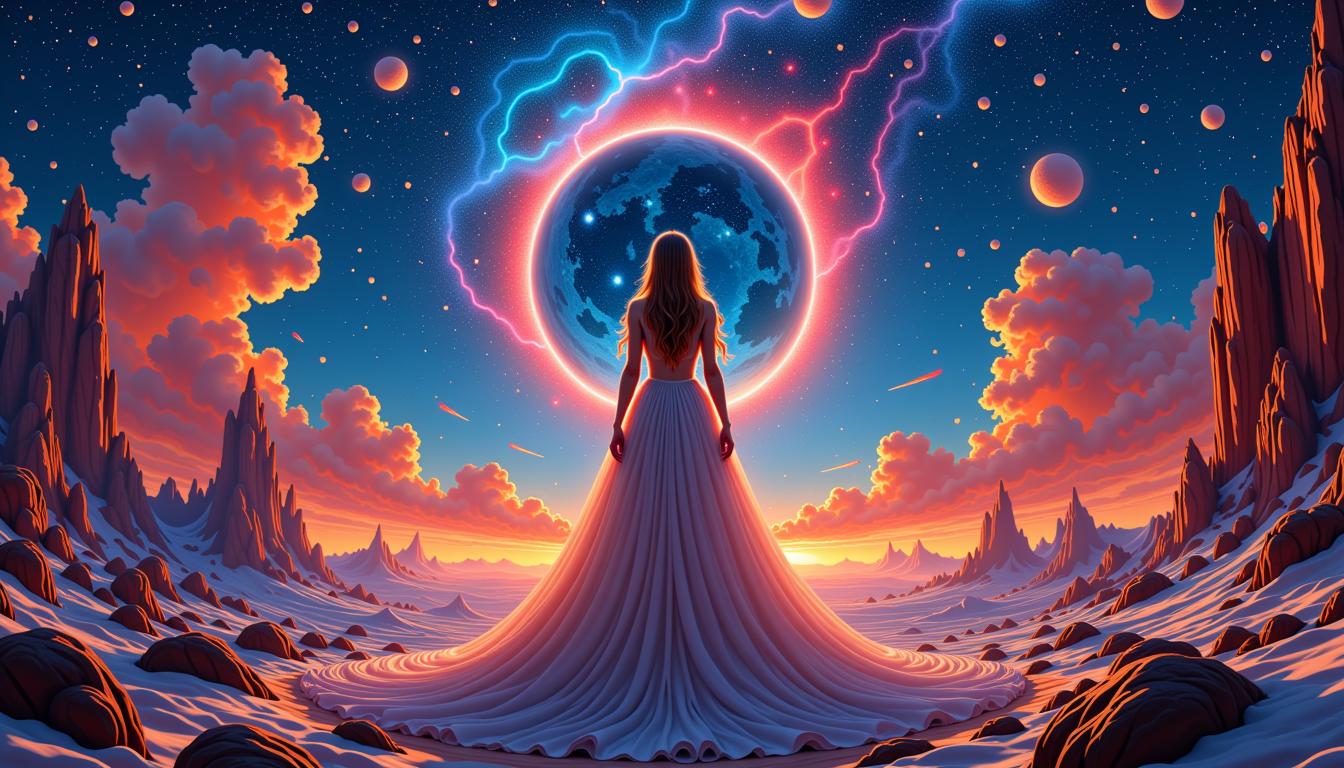 ```plaintext
Create a **8k digital painting** of **MO-LoRa-Multi**, the Space Dream Woman, positioned **front and center**:

- **Visual Details:**
  - **Subject:** MO-LoRa-Multi embodies the essence of space with a surreal, dreamlike quality. Her form is ethereal, with a translucent, shimmering texture reminiscent of cosmic nebulae. Her eyes are like twin stars, glowing with an inner light, and her hair flows as if made of dark matter, entwined with constellations.
  - **Environment:** The Earth fractures beneath her, with seismic waves radiating outwards, visualized as pulsating lines of energy. Tectonic fault lines glow with an intense, molten red, casting dynamic light and shadow across the scene. The landscape distorts in an **Inception**-style, bending and twisting in ways that defy physical laws.
  - **Celestial Harmony:** Constellations align with extraordinary precision, creating a backdrop where each star is distinct, some appearing as bright as supernovas. Intricate astronomical events like supernovae, nebulae formations, and comet trails enrich the celestial canvas.

- **Style:** 
  - The painting should capture the **hyper-realistic** detail of a digital masterpiece, with every element rendered with the clarity and sharpness of 8k resolution. The style should blend **futuristic sci-fi** with **fantastical elements**, evoking the feel of a **concept art** piece designed for an epic space opera.

- **Composition:**
  - MO-LoRa-Multi is the focal point, with her figure dominating the center of the frame. The Earth's upheaval and celestial alignments are arranged around her, creating a dynamic visual flow that leads the eye through the scene.
  - **Camera Angle:** A low angle shot to emphasize her grandeur and the scale of the cosmic events unfolding around her.

- **Mood and Atmosphere:**
  - The scene exudes an **otherworldly** ambiance, with dramatic lighting enhancing the contrast between light and darkness. The atmosphere is one of **awe and wonder**, with a touch of **foreboding** due to the terrestrial upheaval against the serene celestial backdrop. The time feels timeless, with no specific day or night, just the eternal dance of stars and planets.

- **Technical Aspects:**
  - Utilize **hyper-lapse photography techniques** for the distortion of landscapes and **astrophotography** for the accurate depiction of stars and cosmic events. The image should exhibit **depth of field**, with MO-LoRa-Multi in