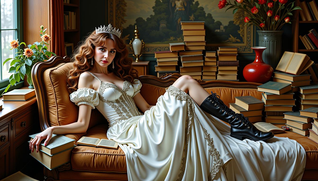 MO-LoRa-Multi, depicted as a seductress Queen (brown hair), shrouded in old books, adorned in a white and silver vintage silk dress, weathered leather boots adorning her feet, in a complex, multi-layered scene, merging the styles of Artgerm, Rubens, and Remedios Varo, exuding whimsical grace, gothic charm, with book motifs woven intricately throughout, 8k