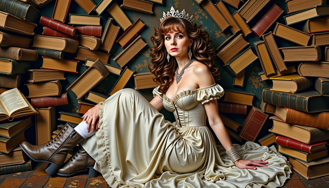 MO-LoRa-Multi, depicted as a seductress Queen (brown hair), shrouded in old books, adorned in a white and silver vintage silk dress, weathered leather boots adorning her feet, in a complex, multi-layered scene, merging the styles of Artgerm, Rubens, and Remedios Varo, exuding whimsical grace, gothic charm, with book motifs woven intricately throughout, 8k