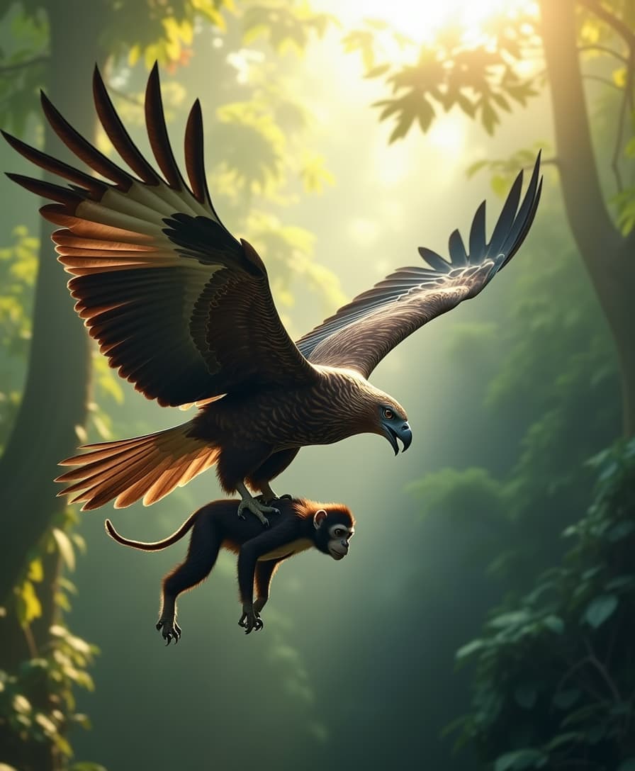 "A powerful Harpy Eagle soaring through the dense rainforest, its massive talons clutching a monkey mid-flight. The eagle’s wings are fully extended, showcasing its immense wingspan and intricate feather details. The monkey, limp in its grasp, highlights the bird’s incredible strength. Sunlight filters through the jungle canopy, casting dramatic light on the eagle’s fierce gaze and sharp beak. Misty rainforest trees and vines blur into the background, emphasizing movement and depth. Ultra-high-definition, hyperrealistic details, cinematic lighting, 8K resolution, National Geographic style, dynamic action shot."
