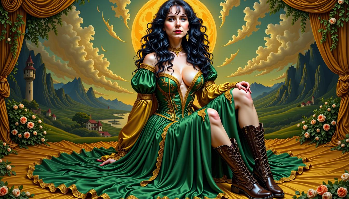 MO-LoRa-Multi, depicted as a seductress Enchantress (black hair), shrouded in mystic things, adorned in a green and goldenvintage silk dress, weathered leather boots adorning her feet, in a complex, multi-layered scene, merging the styles of Artgerm, Rubens, and Remedios Varo, exuding whimsical grace, gothic charm, with mystic motifs woven intricately throughout, 8k