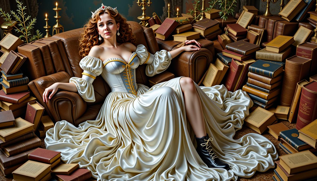 MO-LoRa-Multi, depicted as a seductress Queen (brown hair), shrouded in old books, adorned in a white and silver vintage silk dress, weathered leather boots adorning her feet, in a complex, multi-layered scene, merging the styles of Artgerm, Rubens, and Remedios Varo, exuding whimsical grace, gothic charm, with book motifs woven intricately throughout, 8k