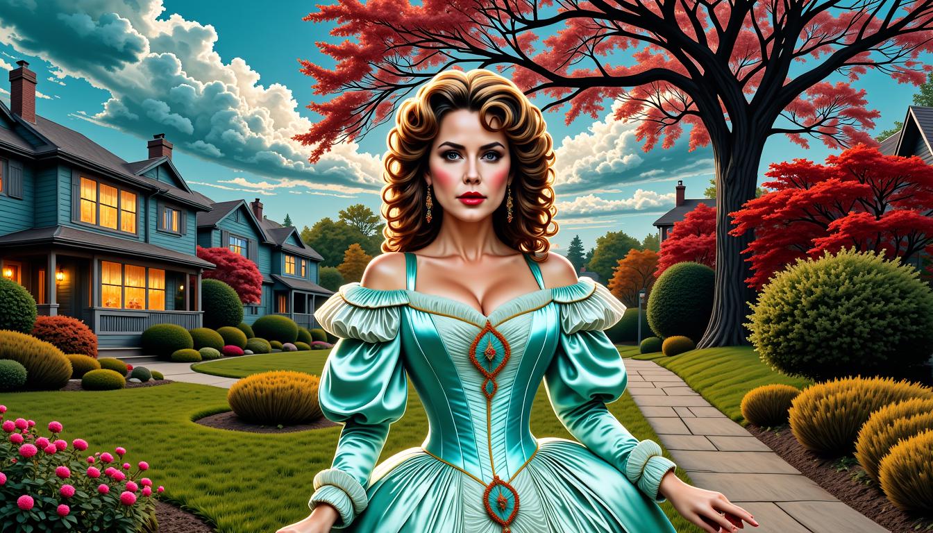 FantasyWomanLoRa, Monica Eastland clad in Victorian attire,  clear and detailed eyes, comic book style by Luiza Lima, amazing sexy mint victorian dress, breathtaking curly long hair, a stunning view to a suburbia in Michigan, twilight mood, ink pen full body art, showcasing detailed facial features contrasted by red lips, designed, seamlessly blended within a double exposure composition, 4k resolution, ultra-detailed, digital painting, delicate aesthetic. 
