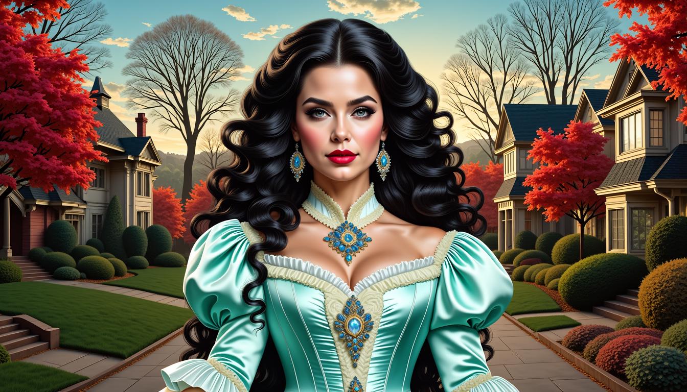 FantasyWomanLoRa, , Monica Eastland clad in Victorian attire,  clear and detailed eyes, comic book style by Luiza Lima, amazing sexy mint victorian dress, breathtaking curly long hair, a stunning view to a suburbia in Michigan, twilight mood, ink pen full body art, showcasing detailed facial features contrasted by red lips, designed, seamlessly blended within a double exposure composition, 4k resolution, ultra-detailed, digital painting, delicate aesthetic. 
