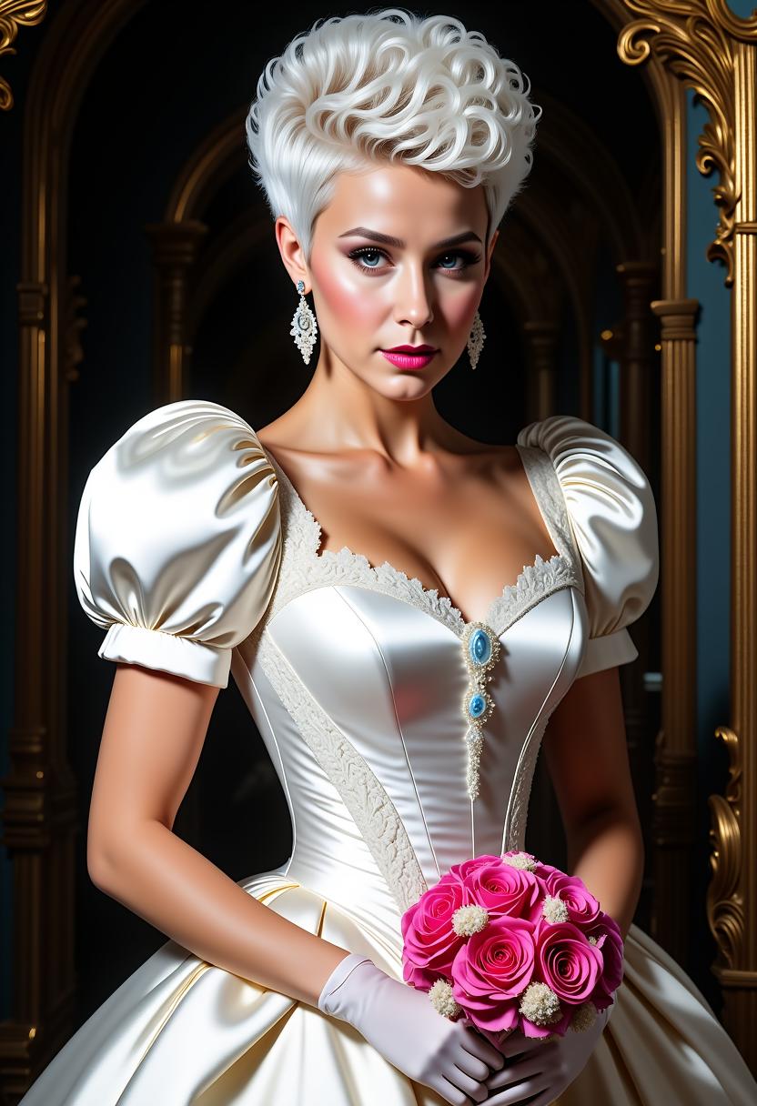 FantasyWomanLoRa, A beautiful bride,  beauty woman, elegant white hair woman featuring a super short pixie curly buzz haircut with razor short shaved sides over ears, short line bang, white wedding dress with puff sleeves and 80's style lace at the neckline, white gloves, a bouquet of pink roses, looking to the viewer, dark photo studio background with indirect lighting, an Artgerm painting