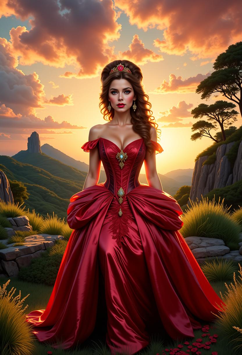 FantasyWomanLoRa, Amelia the Princess of Wonderland, BorisVallejo-inspired digital painting, Vintage hairstyle, clad in a stunning dress, looking at you, against a dramatic landscape bathed in the magic glow of sunrise, stunning landscape with a rock, a forrest, Dream-Temple, backlighting, soft shadows, vibrant skyline, intricate fabric textures, hyper-detailed, golden hour ambiance, ultra realistic.