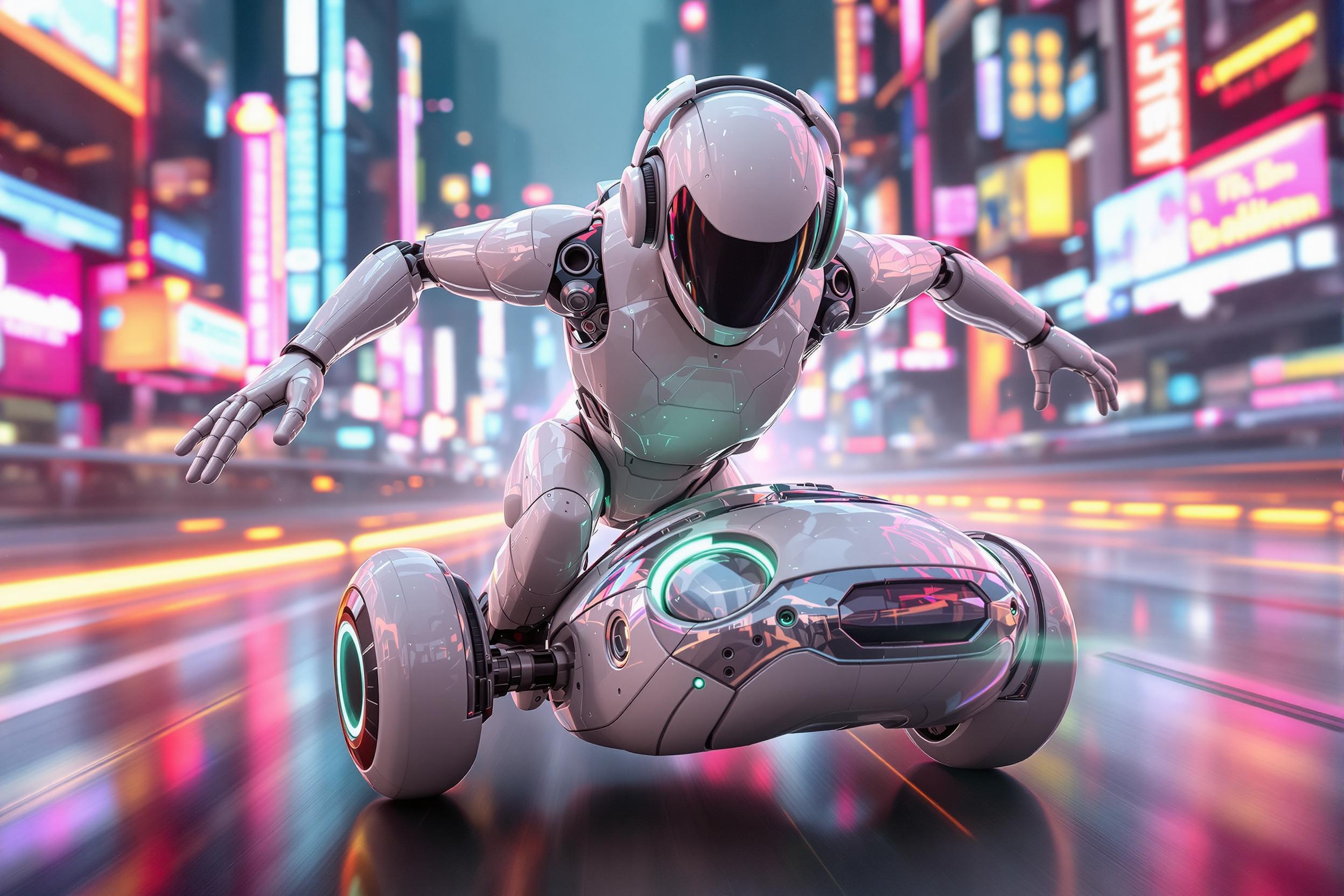 **An ultra-white capsule robot with a smooth, shiny surface, like glass or rubber, races in a dynamic pose on a shimmering Sigway through a neon futuristic city. Its thin arms with three fingers are spread, and the silver band on its belly emits a green glow. Smooth, integrated headphones blend into its form, emphasizing the coherence of the design. oil painting, ultraphotographic humorous ultra-detailed hd 8k.**
