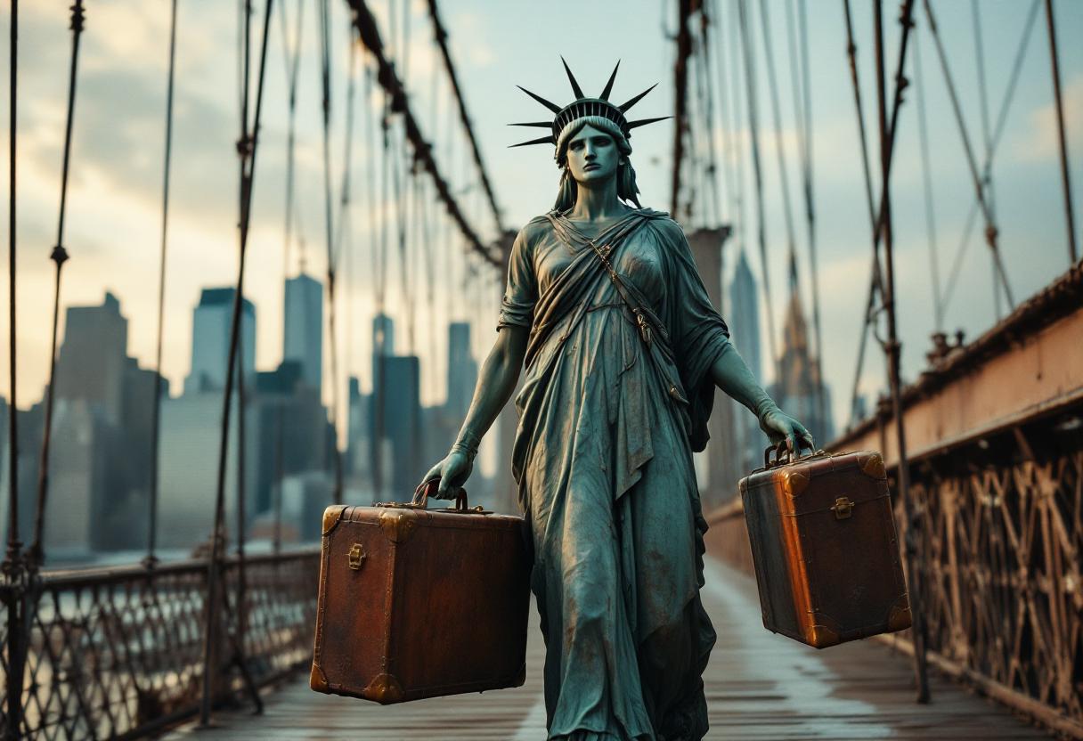 Create a dynamic scene where the **Statue of Liberty**, personified and in motion, is depicted **walking across the Brooklyn Bridge** with **two large vintage suitcases** in hand, signaling her move back to Europe:

- **Visual Details**: She has a **slightly weary yet determined expression**, with **oxidized copper tones** that highlight the wear and tear of her journey. Her **torch is dimmed** to a soft glow, symbolizing a transition or change. The **suitcases are old-fashioned, leather-bound with brass fittings**, suggesting the historical context of her move.

- **Style**: The image should evoke a **surrealistic style**, blending elements of **photorealism** for the setting with **fantastical elements** for Liberty's actions. Use **chiaroscuro lighting** to add depth and drama, with the bridge's cables casting intricate shadows.

- **Composition**: Frame her from a **low angle** to emphasize her monumental size against the bridge's iconic structure. The **Brooklyn skyline** should be visible in the background, slightly blurred to keep focus on the Statue. The bridge should be **crowded with commuters** who are unaware or indifferent to her presence, adding to the surreal effect.

- **Mood and Atmosphere**: The scene should convey **nostalgia, a sense of farewell**, and a **touch of irony**. The time of day is **late afternoon**, with the **sun setting behind the Statue**, casting long shadows and giving the scene a **golden hour glow**. A **light drizzle** adds a reflective quality to the surfaces, enhancing the mood of departure.

- **Technical Aspects**: Employ **wide-angle lens distortion** to exaggerate the perspective of the bridge and Liberty's size. Use **shallow depth of field** to focus on Liberty while allowing the background to blur slightly. Incorporate **motion blur** subtly to suggest movement, especially around her legs and the suitcase handles.

- **Cohesion**: The elements should work together to create a **believable yet surreal narrative** where the Statue of Liberty, a symbol of freedom and welcome, is now leaving, reflecting on the cyclical nature of immigration and the impermanence of cultural icons.