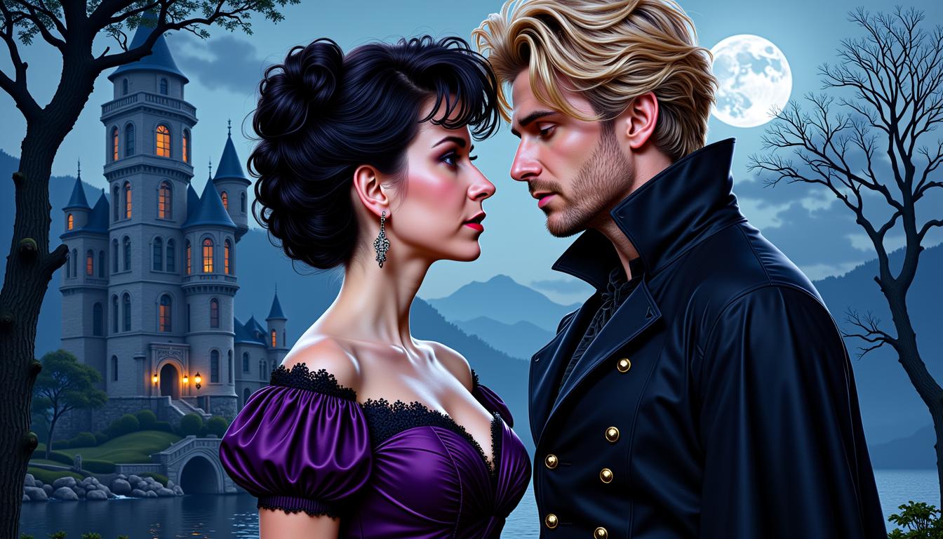 VS-LoRA-Zip2, VS-LoRA-Zip2, depicted as a female vampire with black curly victorian updo hairstyle in a dark purple Victorian dress, in an embrace with a beautiful man with blond hair dressed in a black cape, wrapped in moonlight mood next to a castle, cartoon comic style by Luiza Lima, ink pen precision, vivid red mouth, double exposure effect creates a delicate overlay, beautiful rendering in high resolution 4K, detailed image.