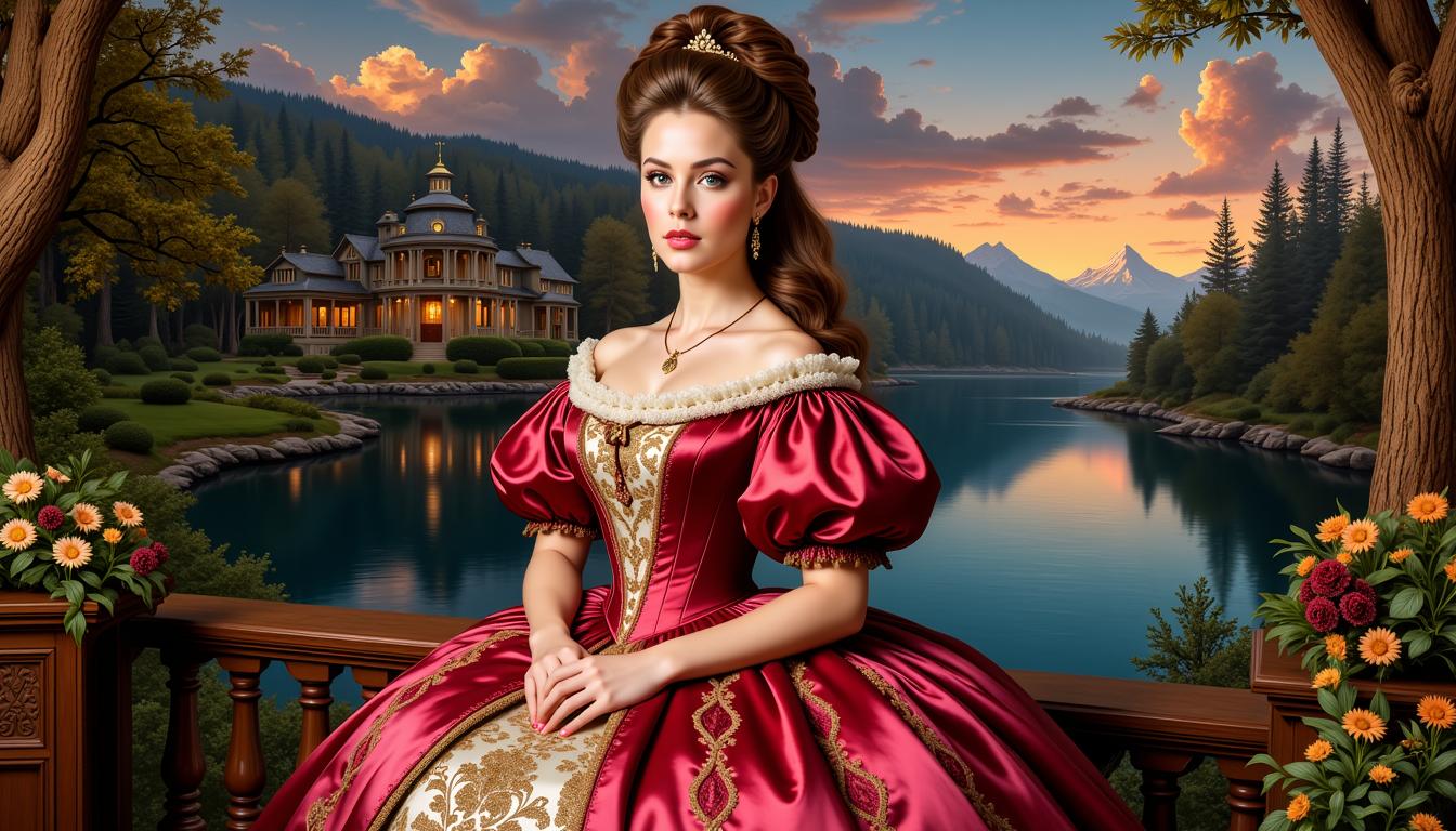 FantasyWomanLoRa, Clarissa Virginia with brown hair and a beautiful face in a mix of Artgerm and Rubens styles, Hudson River School tradition painting, featuring a Victorian beautician adorned with a Victorian dress, direct gaze, backdrop of an enchanting Hereafter landscape with a Victorian villa surrounded by a forest, dream-view of a lake, backlighting creating soft shadows, vibrant twilight skyline, fabric textures of the dress showcasing intricate designs,