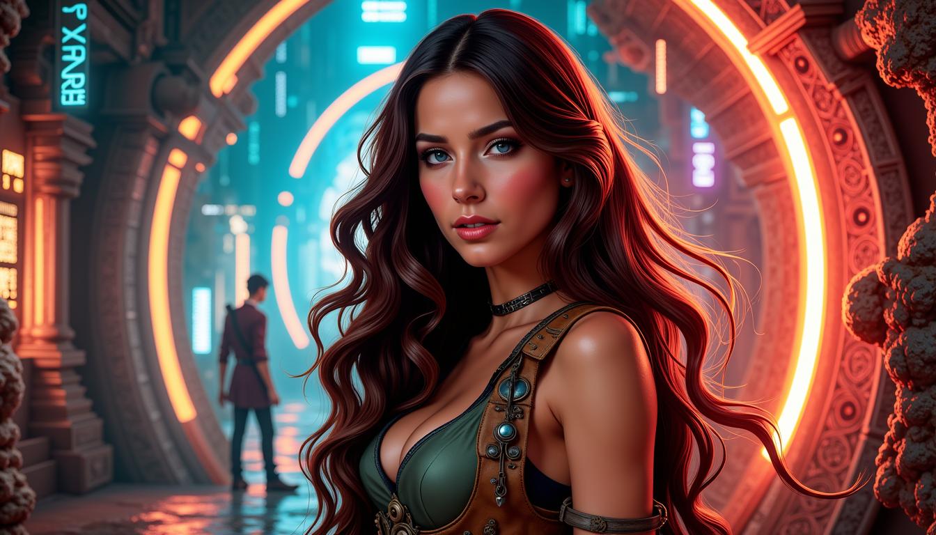 FantasyWomanLoRa, Jane Doe as Lara Croft,  art by Pino Daeni, digital anime, beautiful long brown   Hair, neon realism, postmodern portrait, layered dschungel temple scene , precision art, gadgetpunk, eerily realistic, visual realism,