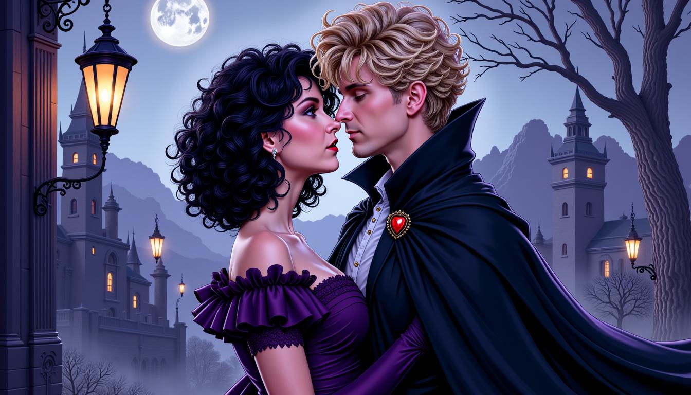 VS-LoRA-Zip2, VS-LoRA-Zip2, depicted as a female vampire with black curly victorian hairstyle in a dark purple Victorian dress, in an embrace with a beautiful man with blond hair dressed in a black cape, wrapped in moonlight mood next to a castle, cartoon comic style by Luiza Lima, ink pen precision, vivid red mouth, double exposure effect creates a delicate overlay, beautiful rendering in high resolution 4K, detailed image.