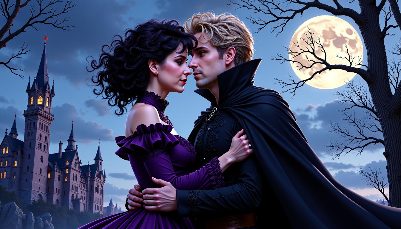 VS-LoRA-Zip2, VS-LoRA-Zip2, depicted as a female vampire with black curly victorian hairstyle in a dark purple Victorian dress, in an embrace with a beautiful man with blond hair dressed in a black cape, wrapped in moonlight mood next to a castle, cartoon comic style by Luiza Lima, ink pen precision, vivid red mouth, double exposure effect creates a delicate overlay, beautiful rendering in high resolution 4K, detailed image.