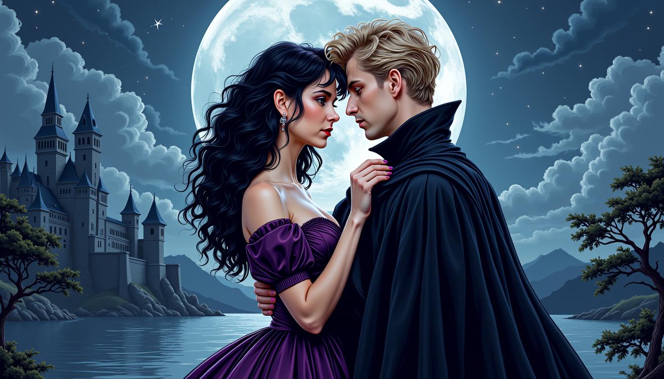VS-LoRA-Zip2, VS-LoRA-Zip2, depicted as a female vampire with black curly victorian hairstyle in a dark purple Victorian dress, in an embrace with a beautiful man with blond hair dressed in a black cape, wrapped in moonlight mood next to a castle, cartoon comic style by Luiza Lima, ink pen precision, vivid red mouth, double exposure effect creates a delicate overlay, beautiful rendering in high resolution 4K, detailed image.