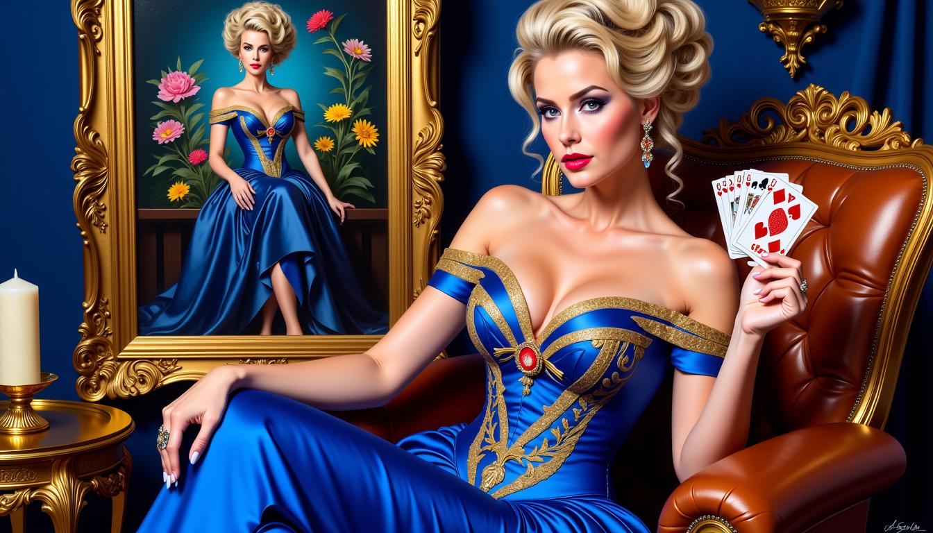 FantasyWomanLoRa, A Artgerm Comic Painting, a beautiful woman looks like a Fusion of Grace Kelly and Brooke Burns, dressed in a royal blue dress, adorned with gold embroidery, is seated in a brown leather chair. She is holding a set of playing cards in her left hand, while her right hand rests on the left side of the frame. Her left hand is adorned with a ring, adding a touch of charm to the scene. The woman's hair is styled in a breathtaking updo, and her eyes are adorned with blue, red, and pink lipstick. The backdrop is a deep blue, with a gold frame that features a woman in a blue dress adorned with flowers. To the left of the woman is a gold table with a candle on it.
