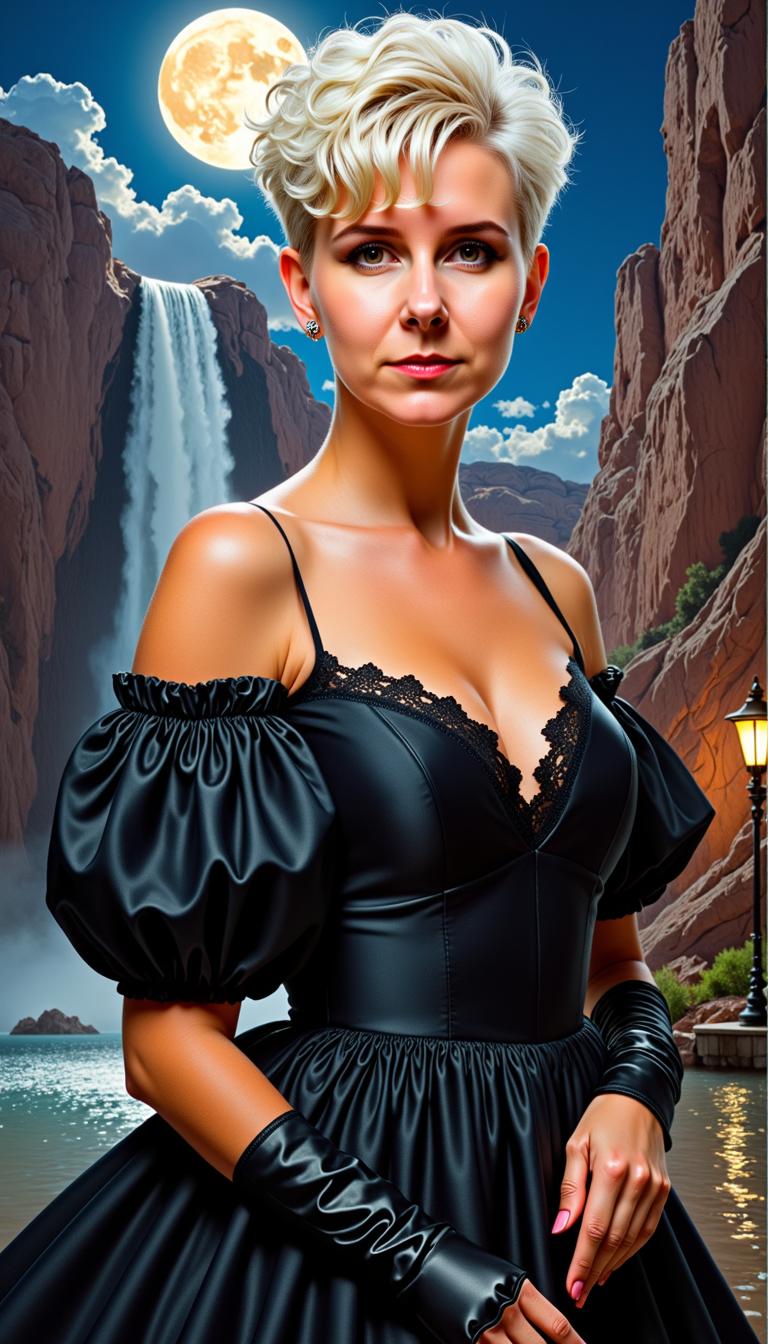 MO-LoRa-Pixie, Beauty Woman, waist up, super short white blonde layered pixie coiffure with ebony short shaved over ears, super Beauty Make up, Big breasts, a black dress with puff sleeves and 80's style lace at the neckline, Artgerm Comic Painting Character, detailed face, clear eyes, a stunning landscape in Utah with a waterfall in moonlight as background,  nightmood, infused with the artistic flair of Karol Bak and Greg Rutkowski,, MO-LoRa-Multi