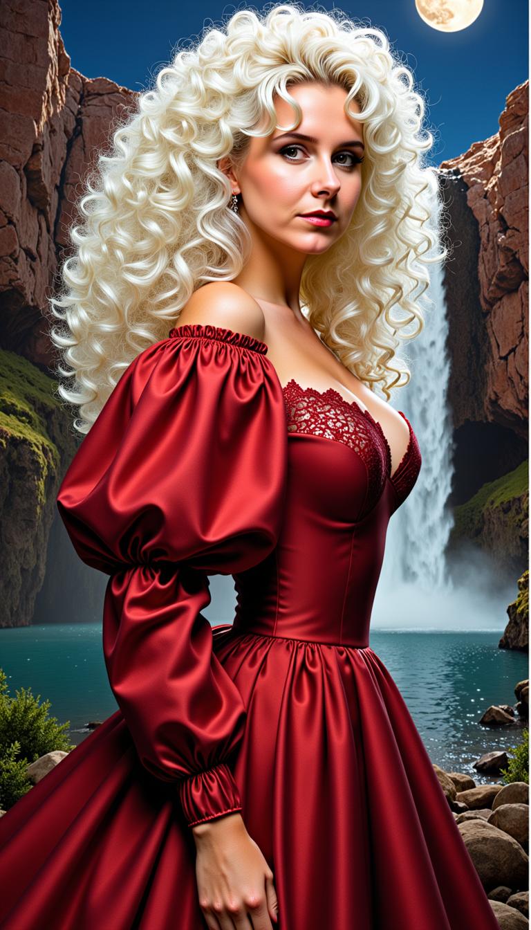 MO-LoRa-Pixie, Beauty Woman, waist up, breathtaking long white blonde curly coiffure , beauty makeup, big breats, a dark red dress with puff sleeves and 80's style lace at the neckline, Artgerm Comic Painting Character, detailed face, clear eyes, a stunning landscape in Utah with a waterfall in moonlight as background,  nightmood, infused with the artistic flair of Karol Bak and Greg Rutkowski,, MO-LoRa-Multi