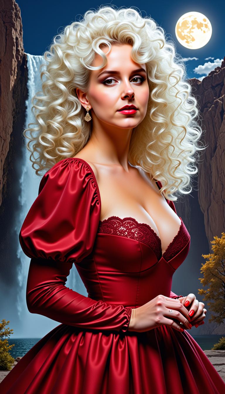 MO-LoRa-Pixie, Beauty Woman, waist up, breathtaking long white blonde curly coiffure , beauty makeup, big breasts, a dark red dress with puff sleeves and 80's style lace at the neckline, Artgerm Comic Painting Character, detailed face, clear eyes, a stunning landscape in Utah with a waterfall in moonlight as background,  nightmood, infused with the artistic flair of Karol Bak and Greg Rutkowski,, MO-LoRa-Multi