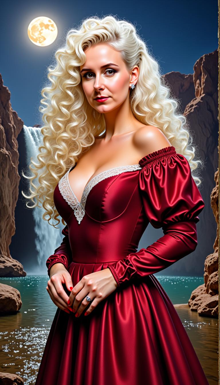 MO-LoRa-Pixie, Beauty Woman, waist up, breathtaking long white blonde curly coiffure , beauty makeup, big breasts, a dark red dress with puff sleeves and 80's style lace at the neckline, Artgerm Comic Painting Character, detailed face, clear eyes, a stunning landscape in Utah with a waterfall in moonlight as background,  nightmood, infused with the artistic flair of Karol Bak and Greg Rutkowski,, MO-LoRa-Multi