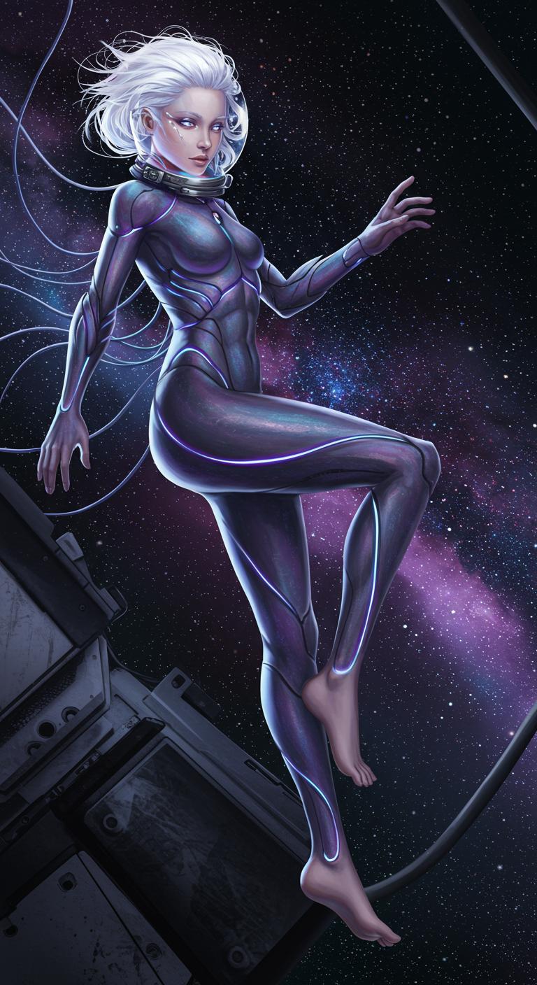 "A striking young female astronaut, tall and elegant, floating weightlessly in the vastness of space. Her silver-white hair flows like a celestial veil, framing high cheekbones and luminous violet-blue eyes that reflect the endless cosmos. She wears a sleek, biomechanical spacesuit—form-fitting and adorned with intricate, glowing wires that coil around her limbs like veins of living energy. The suit shimmers with an iridescent nebula-like sheen, shifting between deep purples, blues, and blacks. Her bare feet touch the cold metal of her spacecraft, grounding her amidst the infinite void. There is a quiet melancholy in her gaze, a sense of longing for something beyond the stars. The scene is cinematic, ultra-detailed, with a dreamlike, surreal atmosphere, capturing the beauty of the unknown."


