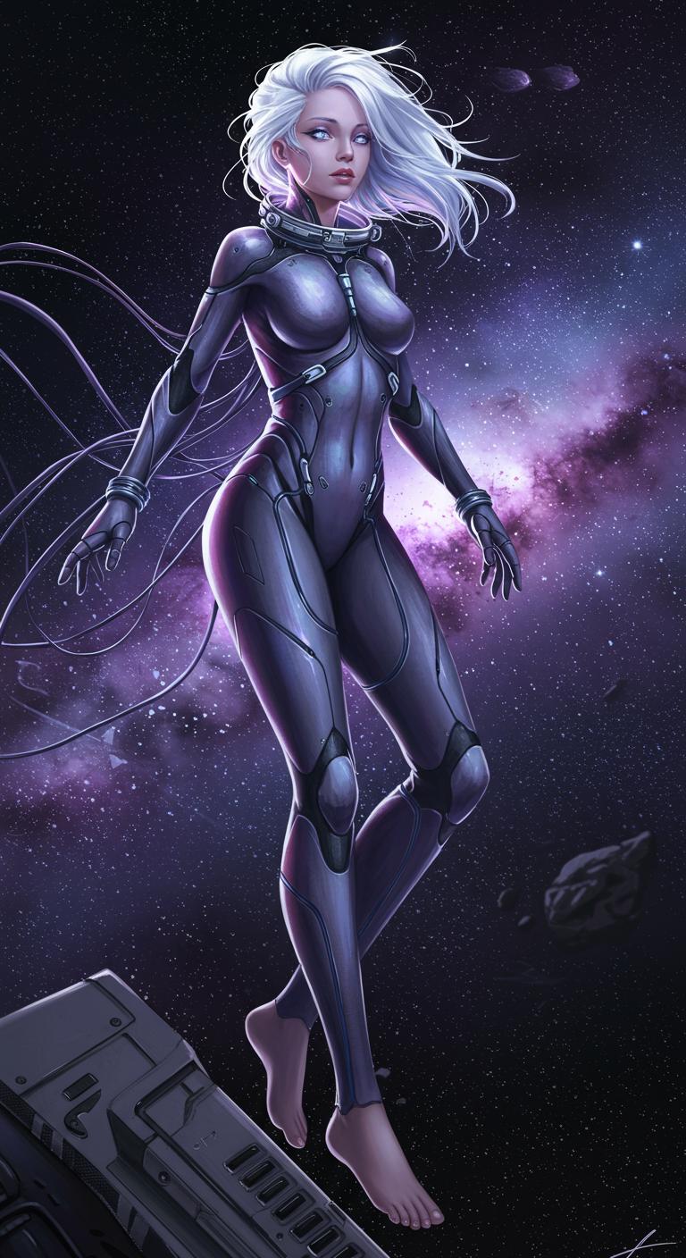 "A striking young female astronaut, tall and elegant, floating weightlessly in the vastness of space. Her silver-white hair flows like a celestial veil, framing high cheekbones and luminous violet-blue eyes that reflect the endless cosmos. She wears a sleek, biomechanical spacesuit—form-fitting and adorned with intricate, glowing wires that coil around her limbs like veins of living energy. The suit shimmers with an iridescent nebula-like sheen, shifting between deep purples, blues, and blacks. Her bare feet touch the cold metal of her spacecraft, grounding her amidst the infinite void. There is a quiet melancholy in her gaze, a sense of longing for something beyond the stars. The scene is cinematic, ultra-detailed, with a dreamlike, surreal atmosphere, capturing the beauty of the unknown."

