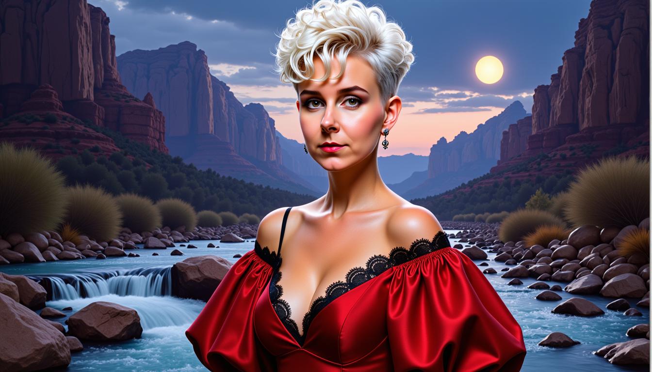 MO-LoRa-Pixie, Beauty Woman, waist up, super short white blonde layered pixie coiffure with ebony short shaved over ears, super Beauty Make up, Big breasts, a dark red dress with puff sleeves and 80's style lace at the neckline, Artgerm Comic Painting Character, detailed face, clear eyes, a stunning landscape in Utah with a waterfall in moonlight as background,  nightmood, infused with the artistic flair of Karol Bak and Greg Rutkowski,, MO-LoRa-Multi