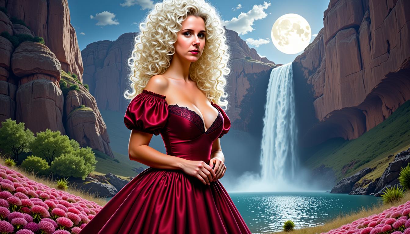 MO-LoRa-Pixie, Beauty Woman, waist up, breathtaking long white blonde curly coiffure , beauty makeup, big breasts, a dark red dress with puff sleeves and 80's style lace at the neckline, Artgerm Comic Painting Character, detailed face, clear eyes, a stunning landscape in Utah with a waterfall in moonlight as background,  nightmood, infused with the artistic flair of Karol Bak and Greg Rutkowski,, MO-LoRa-Multi