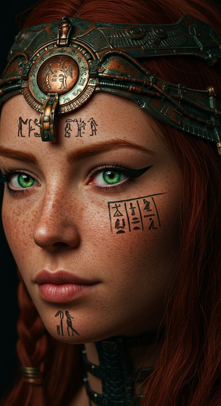 "Close-up portrait of a young woman with striking green eyes, red hair, and a freckled complexion. She wears an intricately designed metallic headpiece made of aged copper or bronze, adorned with detailed Egyptian hieroglyphs and a circular mechanical element, blending ancient Egyptian aesthetics with futuristic or steampunk influences. Hieroglyphic tattoos are etched on her cheek, reinforcing the connection to ancient Egypt. The background is dark, creating a high contrast that highlights her features and accessories. The art style is a fusion of hyper-realism and fantasy, with elements of cyberpunk, ancient Egyptian symbolism, and steampunk design. The high level of detail, realistic skin texture, and metallic reflections evoke a cinematic or concept art style, inspired by Zdzisław Beksiński and Moebius, with a polished, photorealistic