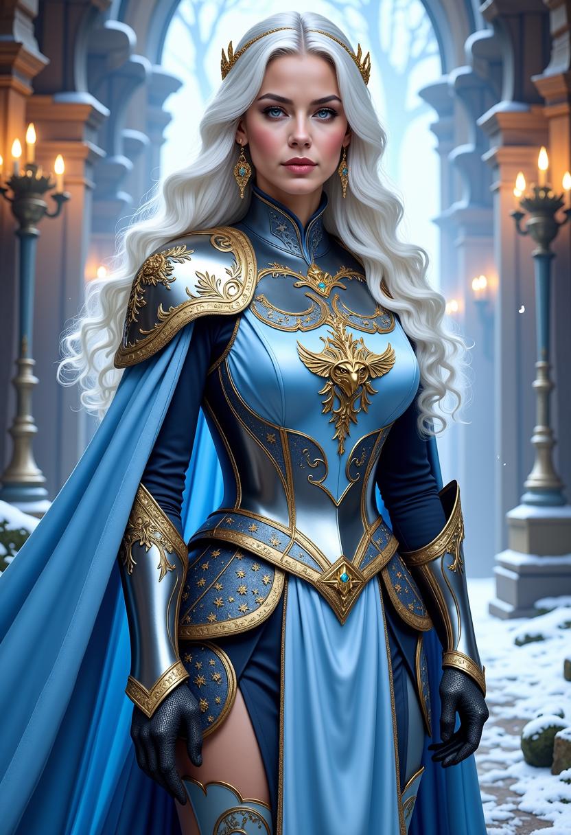 Leandra (The Brave) (her face looks like Jennifer Lopez),  with the full title Sera Maestra Leandra de Girancourt, also known as the White Queen, Daughter of the Gods, Redeemer of Worlds, Daughter of the Dragon, Paladin of Light and Conqueror of Darkness, is the Queen of Illian. She is sword-bound to the spellsword Stoneheart. Leandra is also the friend and rider of Steinwolke, a king's griffon. She is beautiful. She has violet eyes and long wavy white hair. Wearing a light blue armor, 