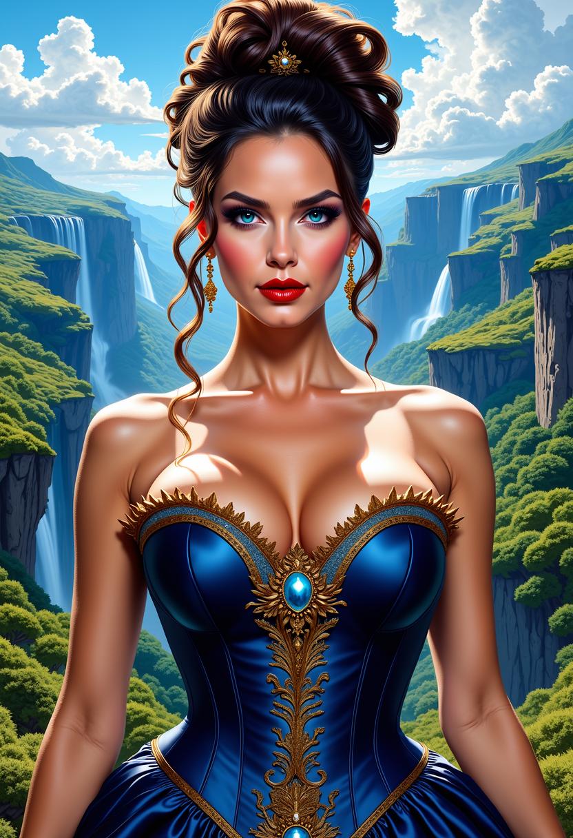 The seductress Manuela Wood, a stunning landscape of a valley with cliffs and waterfalls, oil painting in Hudson River School style, VisionBlue color palette, detailed smiling eyes, amazing  hairstyle, upper body a breathtaking dress with cinched corset, eccentric makeup, elongated eyelashes, minimalist line art with thick ink strokes, digital painting, ultra fine, high contrast.