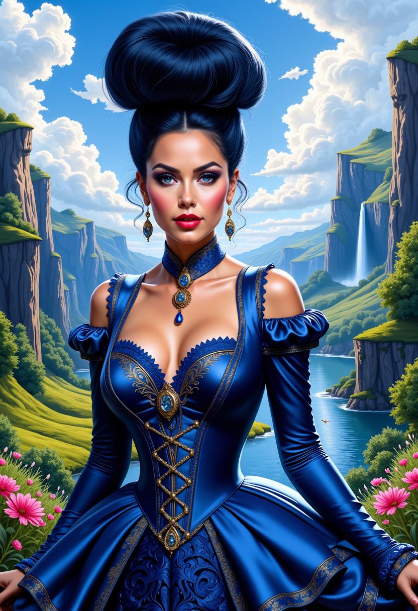 The seductress Manuela Wood, a stunning landscape of a valley with cliffs and waterfalls, oil painting in Hudson River School style, VisionBlue color palette, detailed smiling eyes, amazing  hairstyle, upper body a breathtaking dress with cinched corset, eccentric makeup, elongated eyelashes, minimalist line art with thick ink strokes, digital painting, ultra fine, high contrast.