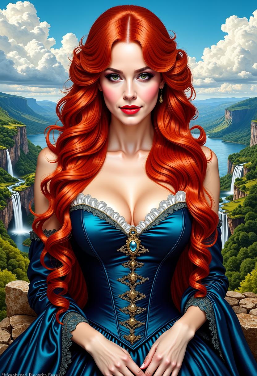 FantasyWomanLoRa, The seductress Manuela Wood, a stunning landscape of a valley with cliffs and waterfalls, oil painting in Hudson River School style, VisionBlue color palette, detailed smiling eyes, amazing long red hair, upper body a breathtaking dress with cinched corset, eccentric makeup, elongated eyelashes, minimalist line art with thick ink strokes, digital painting, ultra fine, high contrast.