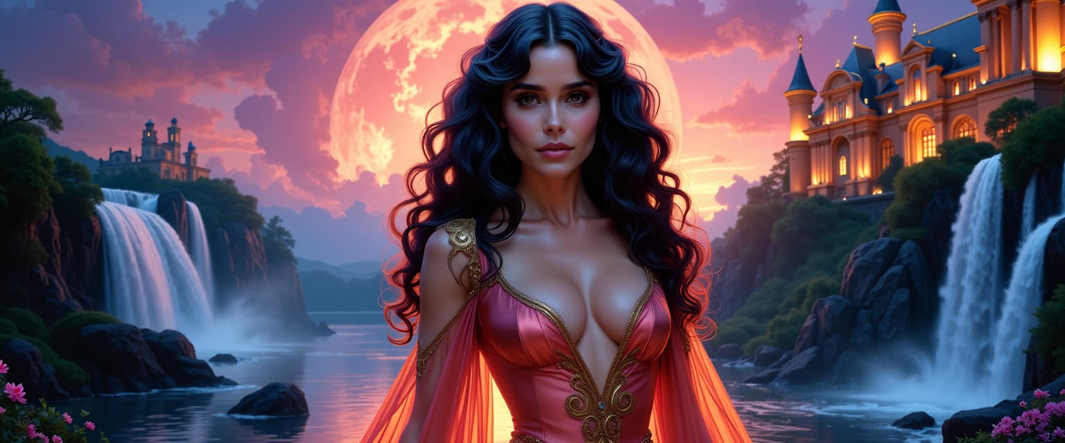 Eleonore, soul of the Hereafter, wears a vintage dress, long curly hair in the style of the 80s, cascading, clear eyes gaze directly out, posed in a landscape aglow with twilight's magic, waterfalls intertwine with pathways, grandiose buildings shimmer, 16K, Fantasy portrait in the style of Artgerm and Rubens painting, 
