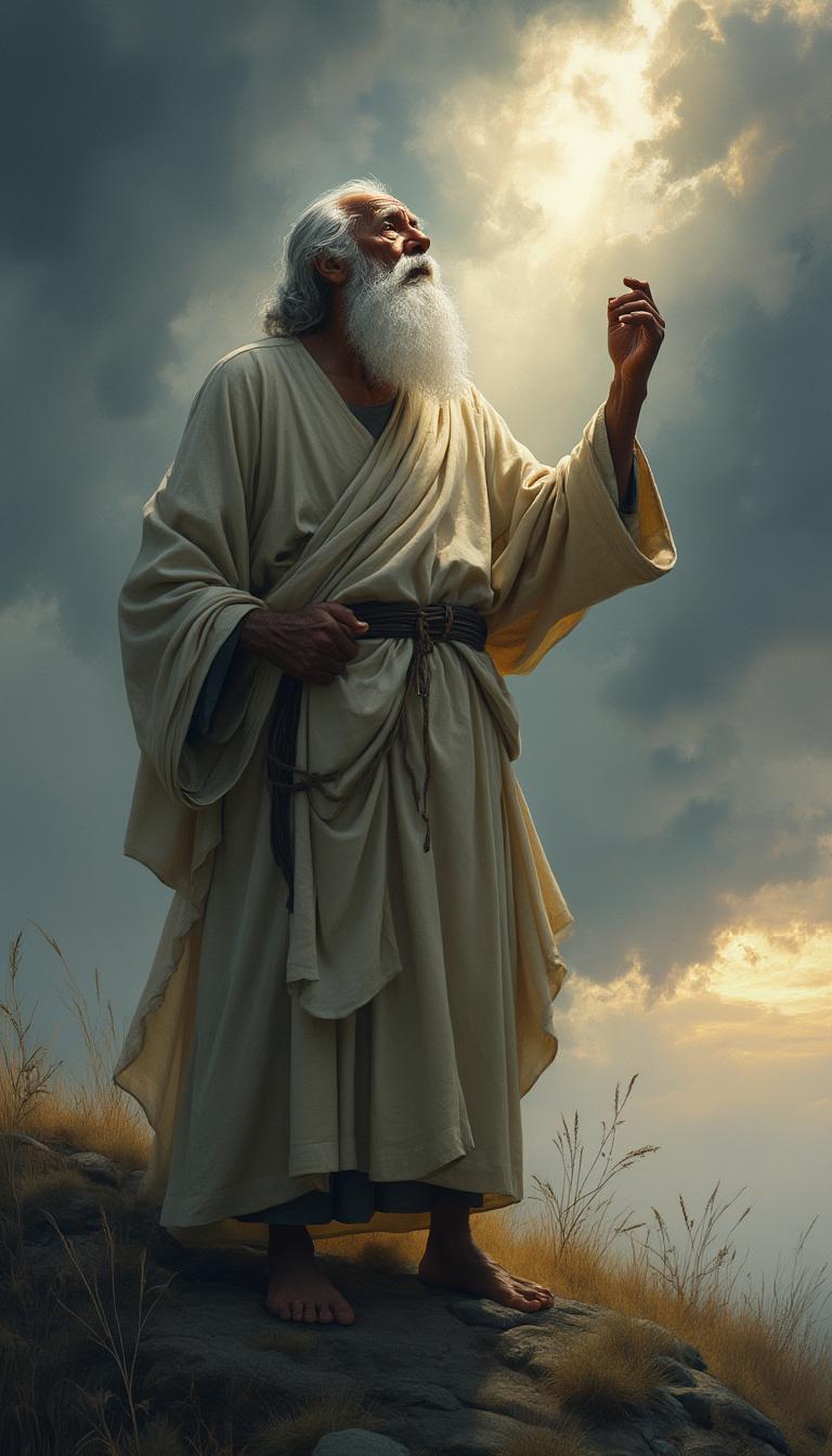 An old man with a long white beard and a simple robe stands on a hill, looking up at the sky with a serious expression. Divine light illuminates his face. The background shows a stormy sky with dark clouds. His skin is dark and his eyes reflect wisdom. His right hand is raised in wonder.
