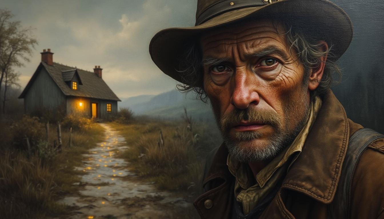 a 19th century realistic painting of  a close-up of the weathered face of a lone, weary traveller, a man in his forties,  in the background an old path toward a warm-lit cottage