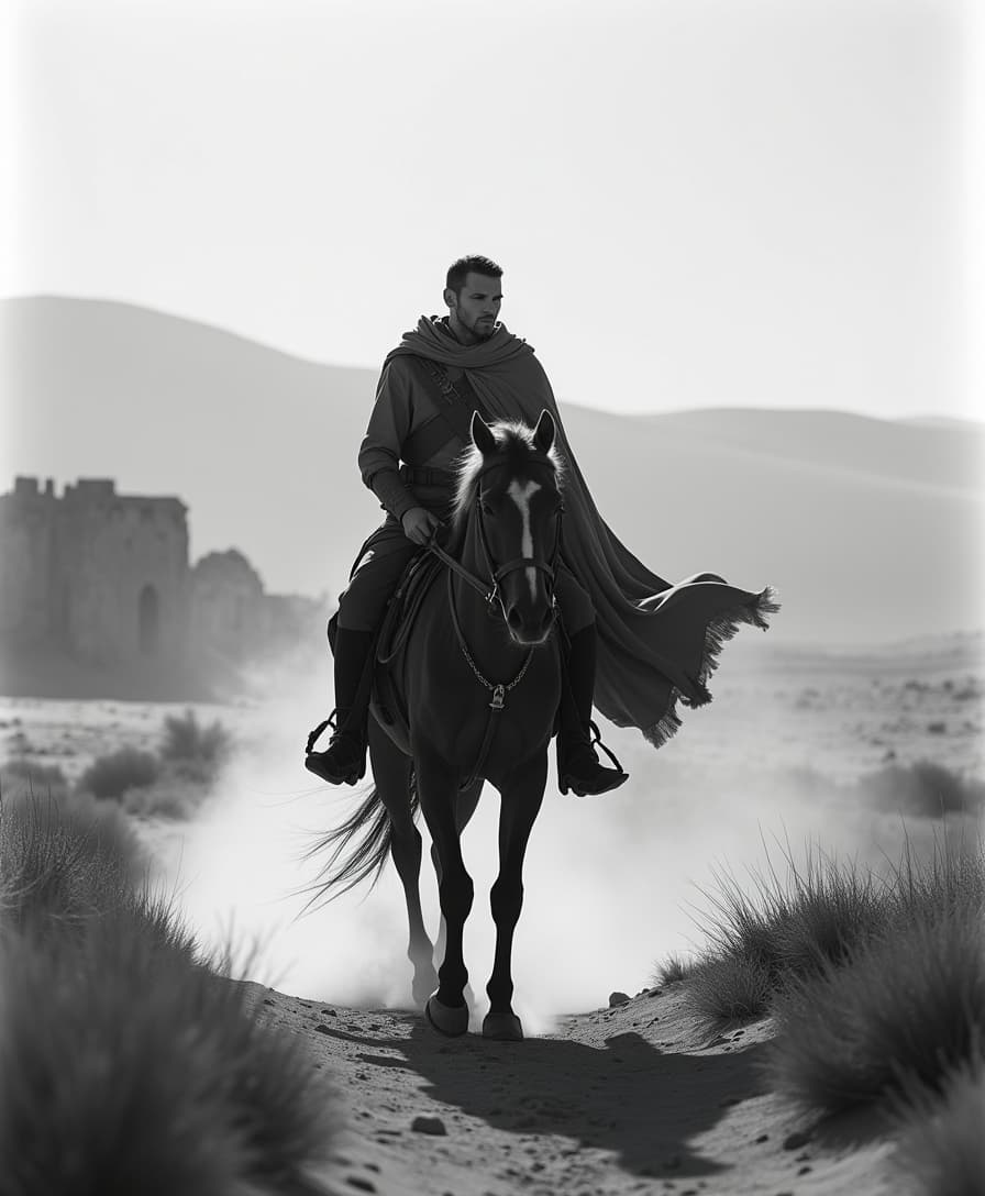 "A highly stylized and dramatic cinematic photograph with a shallow depth of field, shot on a high-contrast black and white film. The image features a lone warrior riding a horse through an ancient desert landscape, evoking a sense of mystery and tension. The subject pops against a blurred, gradient background of distant dunes and a crumbling fortress. Intentional lens flares streak across the frame, adding movement and drama, while subtle film grain enhances the raw, timeless atmosphere. The warrior's cloak billows in the wind, and his determined gaze hints at an unresolved past. The composition is masterfully balanced with light and shadow, creating a visually compelling moment of suspense and history."
