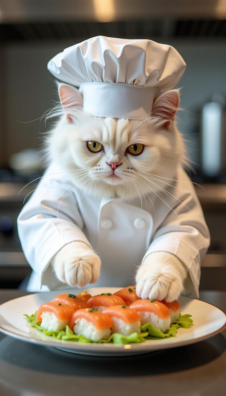 A white Persian cat dressed as a professional chef, meticulously plating a gourmet dish. The cat is focused, arranging tiny pieces of sushi on a beautiful plate. The background features a modern, high-end restaurant kitchen with stainless steel appliances.