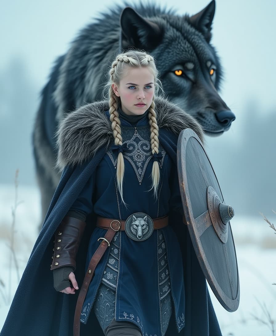 A fierce Norse shieldmaiden strides through a frozen battlefield, her long, fur-lined cloak billowing behind her. She wears a dark blue tunic with silver embroidery, thick leather bracers, and a wolf-head brooch securing her cape. Her blonde hair is braided tightly, and her piercing blue eyes exude strength. Behind her, a extremly big the legendary wolf Fenrir looms, its massive form covered in thick black fur, eyes glowing like embers. Snow swirls around them in the cold wind. 4K ultra-detailed, dynamic lighting, cinematic composition, sharp focus on textures.