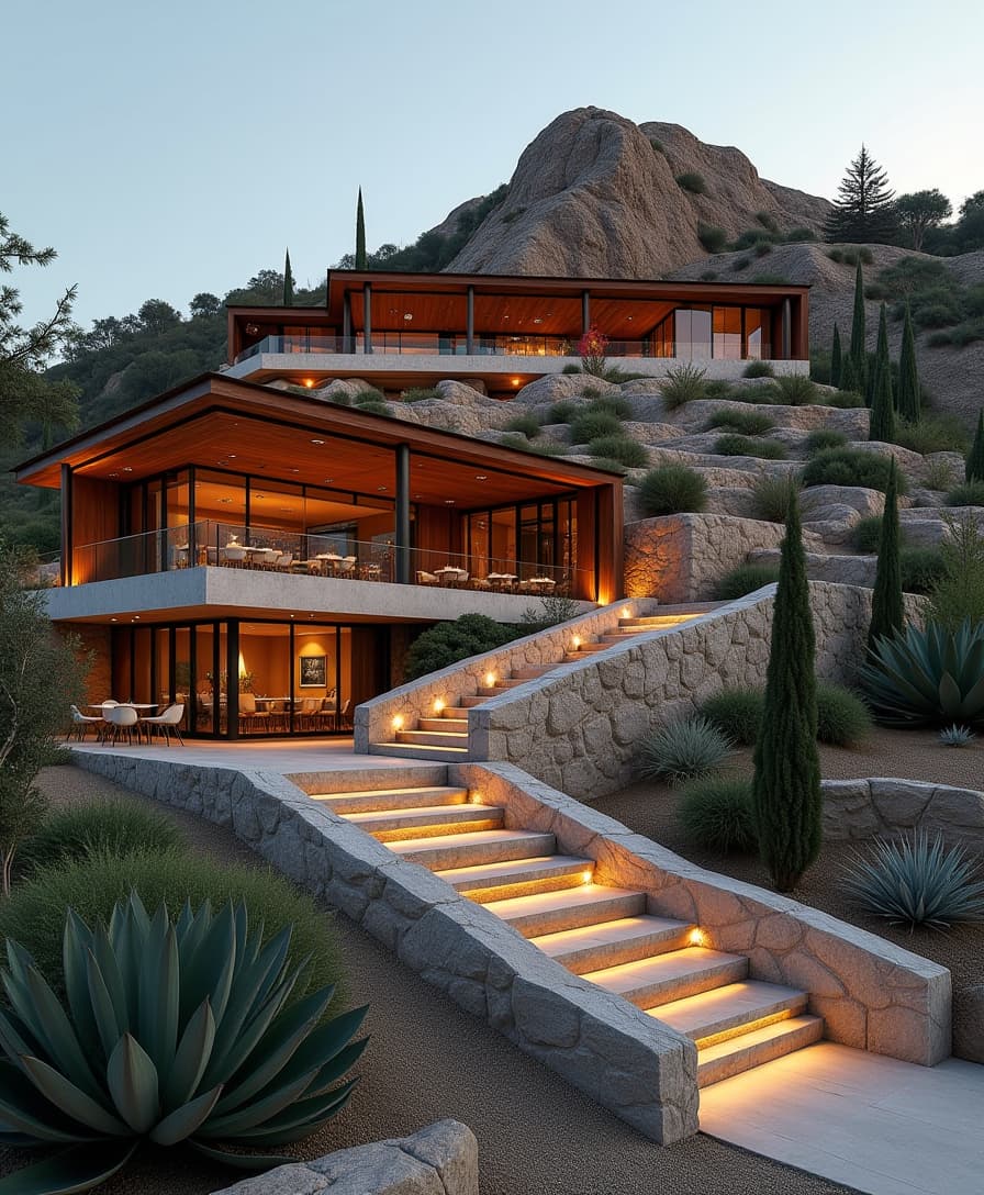 An **exterior design of a restaurant** on a **sloped hillside in a tropical arid region**, featuring a **modern minimalist architectural style** with **cement and glass materials**. The structure is **multi-level and terraced**, seamlessly following the natural topography. **Wooden-roofed shaded seating areas** provide comfort and elegance, integrating natural elements into the design. The **landscaping and flooring** utilize **carved stone**, creating a raw yet refined aesthetic. **Wide stone staircases** lead up the hill, serving as both a **functional pathway and a visual focal point**. The surrounding vegetation consists of **drought-resistant plants and desert flora**, enhancing the connection between architecture and nature. Thoughtfully placed **ground-level and ambient lighting** illuminates the space, casting warm, inviting glows at night. The **perspective is slightly low-angled**, emphasizing the cascading terraces and architectural harmony with the hillside.