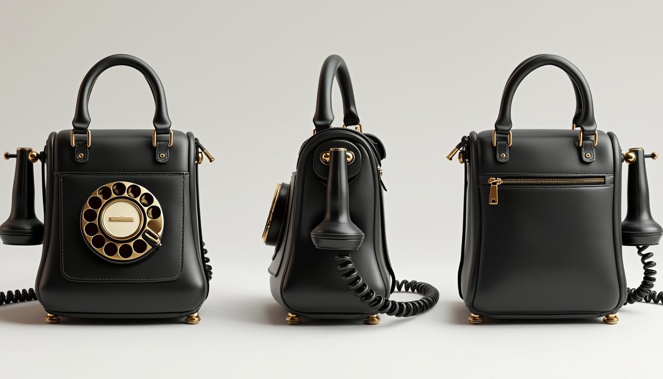 Here’s a detailed prompt to generate an image of your **vintage telephone-inspired handbag** with front, back, and side views:  

**Prompt:**  
"A stylish handbag inspired by a vintage rotary telephone, shown from three angles: front, back, and side. The bag is rectangular with rounded edges, featuring a rotary dial design on the front, a handset as a structured top handle, and a hidden closure under the dial. The back has a smooth panel with a zippered pocket. The sides have a structured silhouette with slight expansion, and the bottom features metal feet for stability. The design includes an optional detachable crossbody strap resembling a coiled telephone cord. The material is leather with gold hardware, available in classic black or soft pastel shades."  

This should generate a clear, multi-angle view of the handbag! Let me know if you’d like any modifications. 