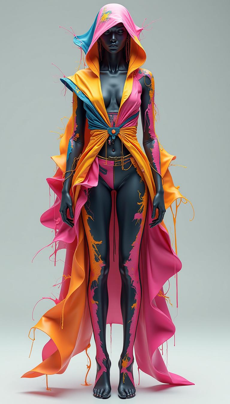 Create a collection of outrageous, hyper-detailed virtual garments designed specifically for the metaverse. Push the boundaries of physics and reality with gravity-defying shapes, constantly shifting textures, and impossible color combinations.
