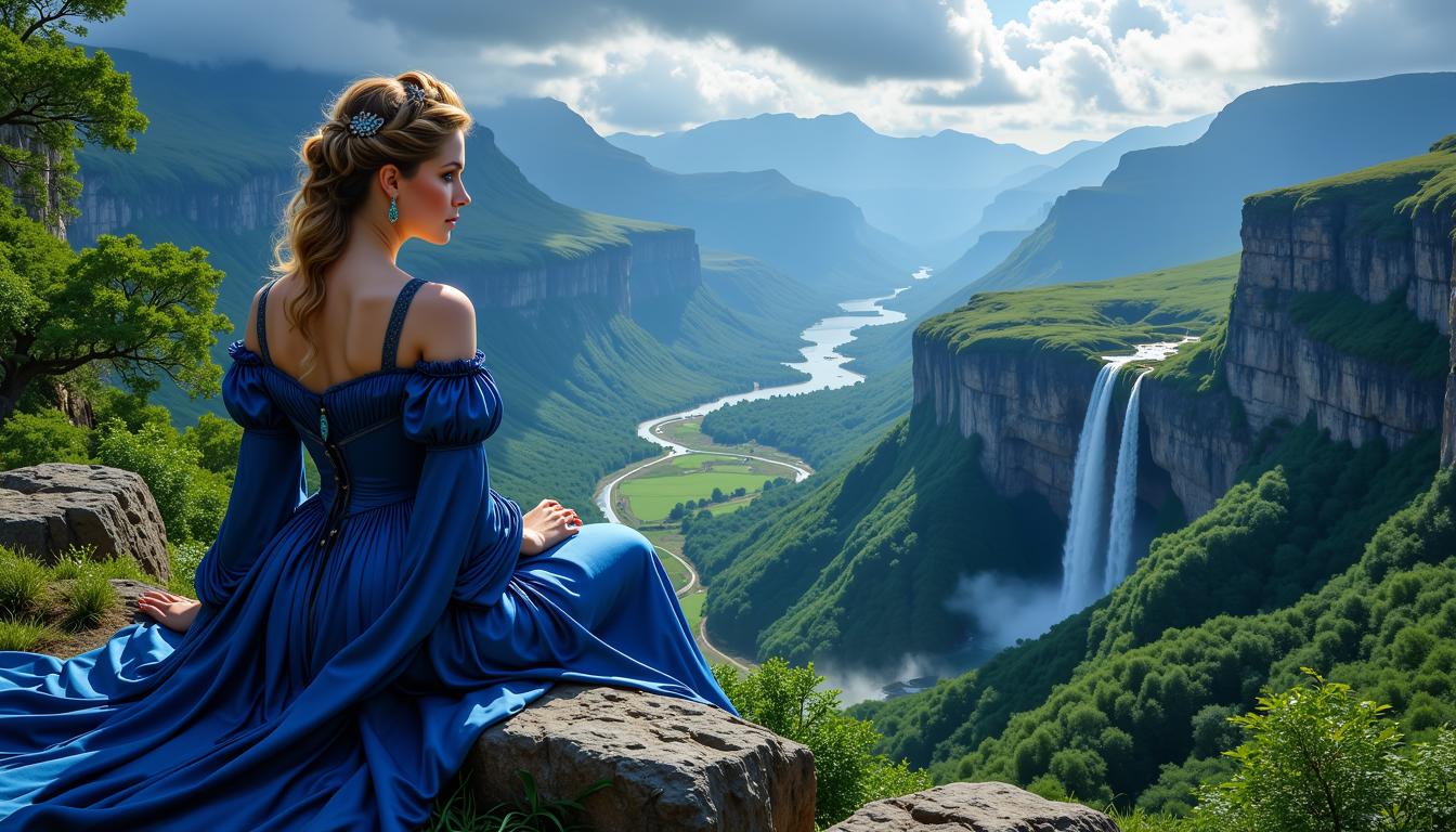FantasyWomanLoRa, Aes Sedai Moiraine Damodred, portrait of a beauty woman looks like a blend of Bridget Reagan and Brooke Burns, is sitting on a rock looking over a lush green valley with high cliffs and waterfalls, indigo blue dress, a river and big stormy clouds, breathtaking view, twilight mood, bright colors, exquisite details, Masterpiece painted by Artgerm, Cinematic lighting, raking light, Canon 90D, 50 mm lens, atmospheric. Photorealistic, photorealism, perfect realistic art, smooth, aftereffects, sharp focus, hi - res, ultra intricate detail, ultra realistic detail, 4K, HDR

