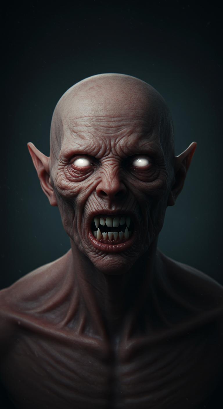 "Terrifying humanoid creature emerging from the darkness, its pale, hairless skin stretched over a gaunt face. Glowing white eyes radiate an eerie light, piercing through the shadows. Large, pointed ears extend outward, adding to its menacing appearance. Its mouth is open in a feral snarl, revealing sharp, jagged teeth and prominent fangs. The dim, moody lighting casts deep shadows across its wrinkled, leathery skin, enhancing the horror aesthetic. Dark, atmospheric background with a sense of impending dread, ultra-detailed, cinematic, photorealistic, unsettling and nightmarish."

