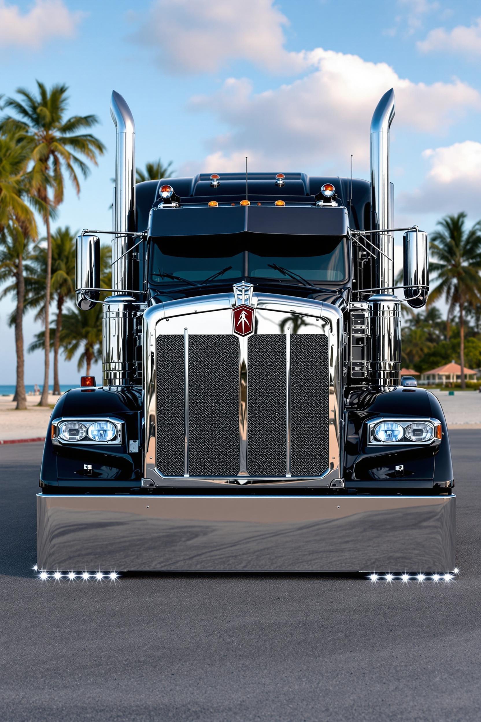 Create a photo of a W900 Kenworth Truck front chrome black flex paint, wide tires, mean looking,  tinted windshield chrome luver, background parm trees, beach ⛱️ 