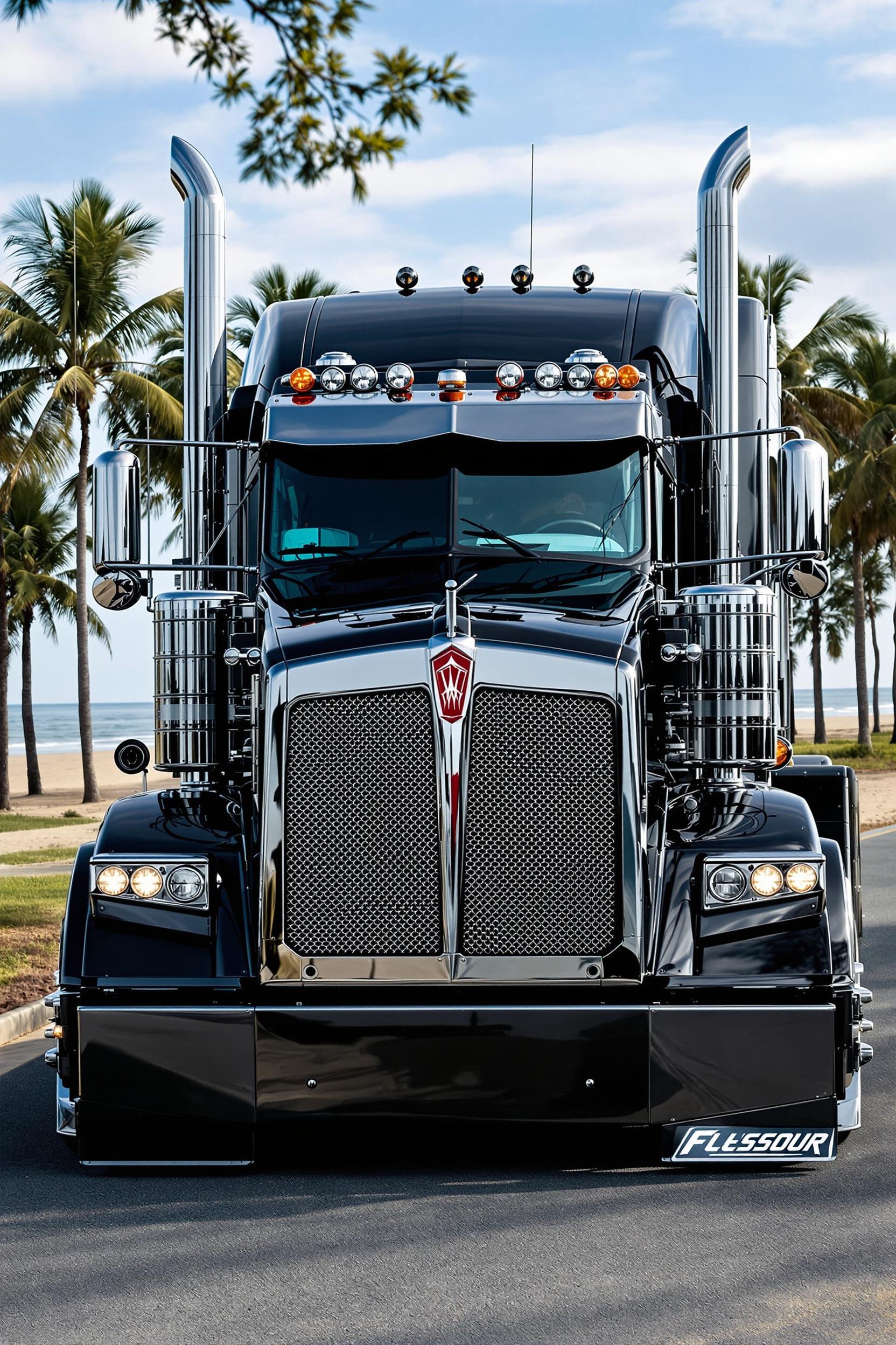 Create a photo of a W900 Kenworth Truck front chrome black flex paint, wide tires, mean looking,  tinted windshield chrome luver, background parm trees, beach ⛱️ 